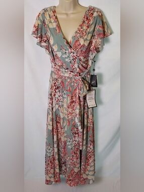 NWT Adrianna Papell Sage Floral Wrap Maxi with Pink and Cream Accents